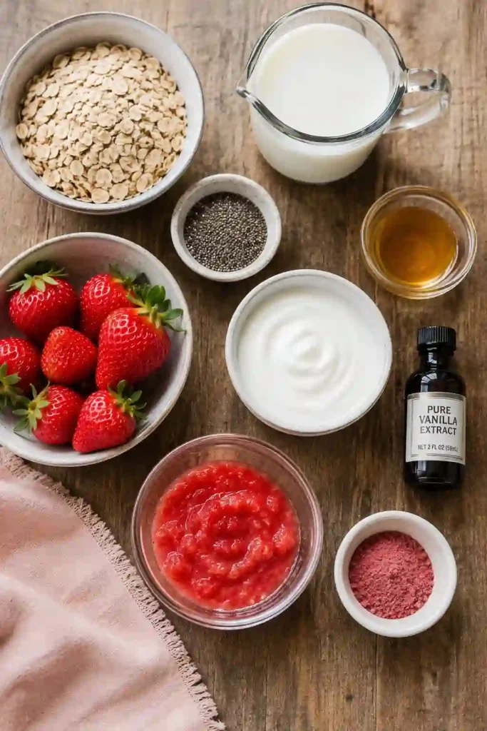 Fresh Strawberry Overnight Oats in a glass jar garnished with sliced strawberries and mint. A delicious meal prep breakfast made with wholesome ingredients.