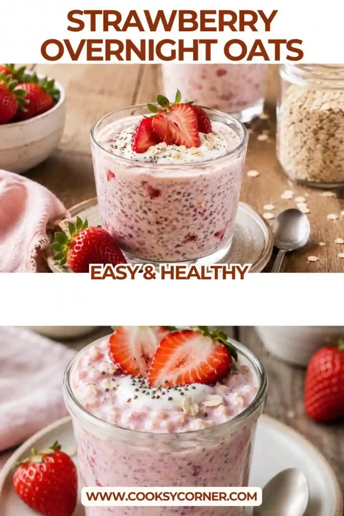 Creamy Strawberry Overnight Oats made with fresh strawberries, rolled oats, chia seeds, and almond milk. An easy make-ahead breakfast served in a mason jar.