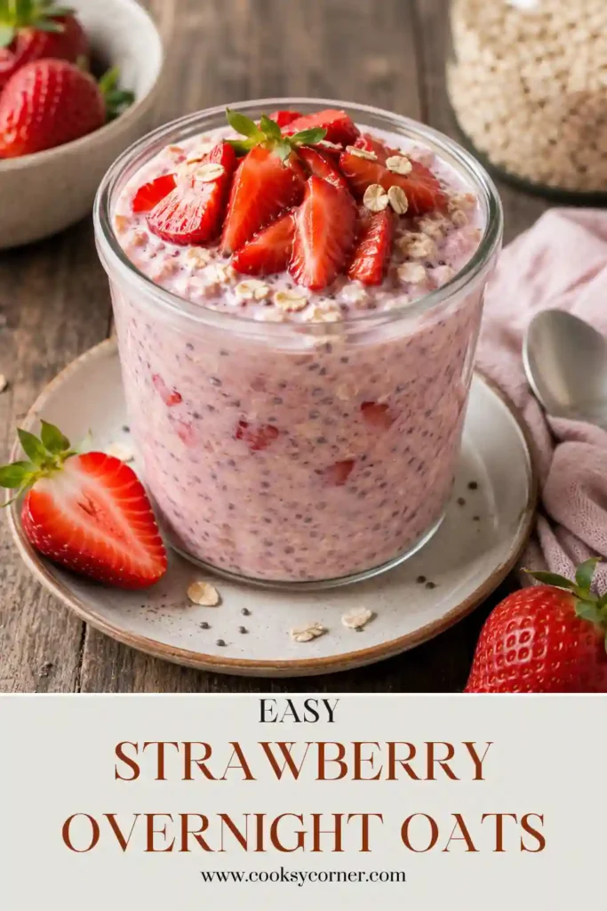 A glass jar filled with creamy Strawberry Overnight Oats topped with fresh sliced strawberries and Greek yogurt. This healthy overnight oats recipe is perfect for meal prep breakfasts.