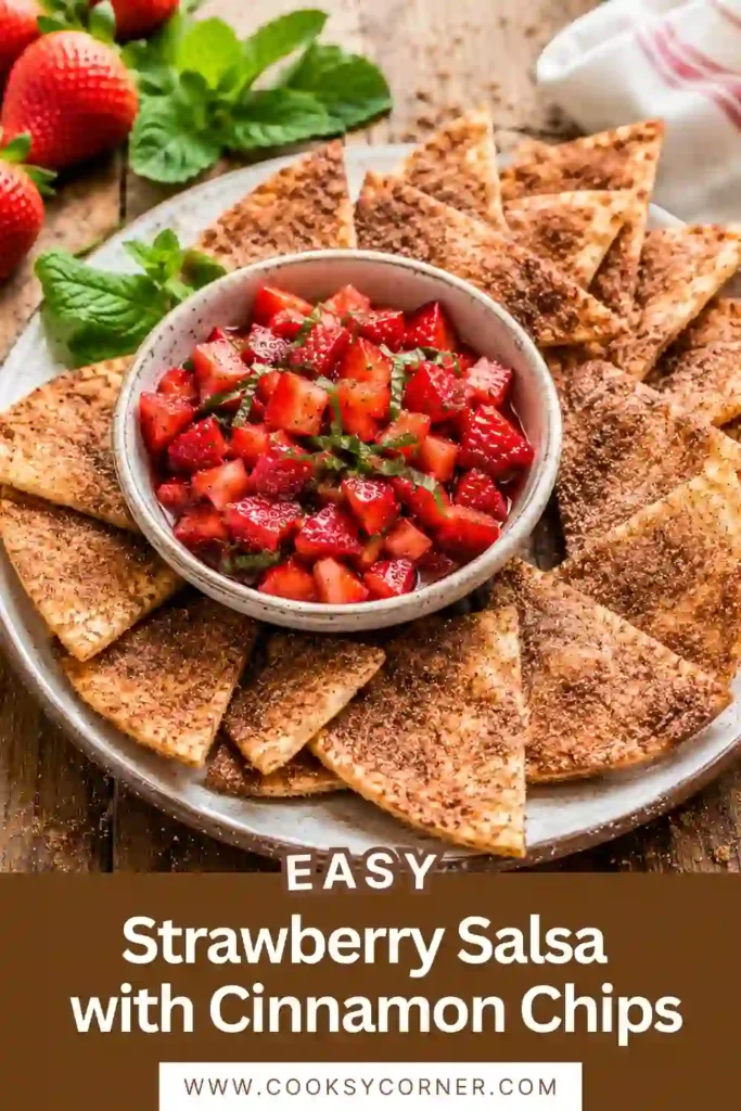 Fresh Strawberry Salsa Recipe served in a white bowl with crispy homemade cinnamon tortilla chips on the side. The salsa is colorful, juicy, and made with ripe strawberries and basil.
