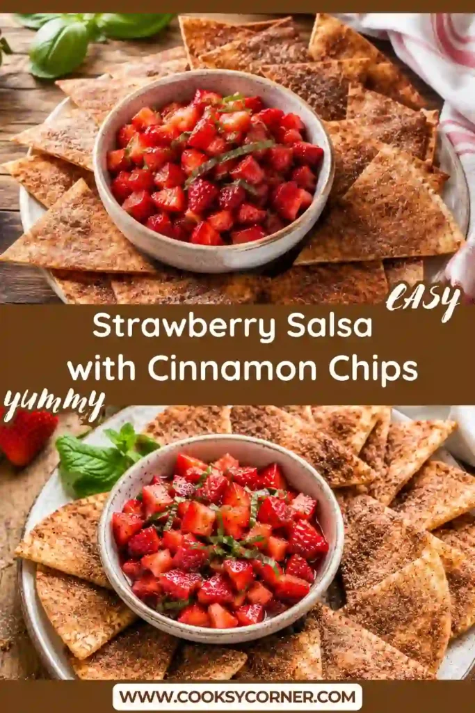 Sweet fruit salsa made with fresh strawberries and basil paired with crunchy cinnamon chips. A refreshing appetizer that's easy to prepare for parties.