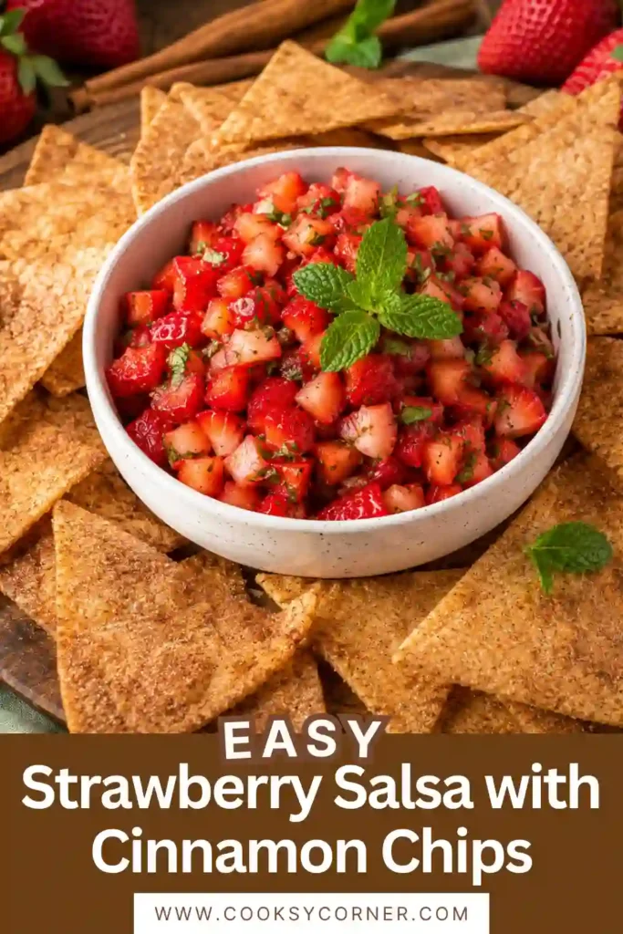 Homemade Dessert Strawberry Salsa with Cinnamon Chips displayed in a rustic bowl surrounded by crisp cinnamon sugar chips. A bright, fruity dessert perfect for summer.
