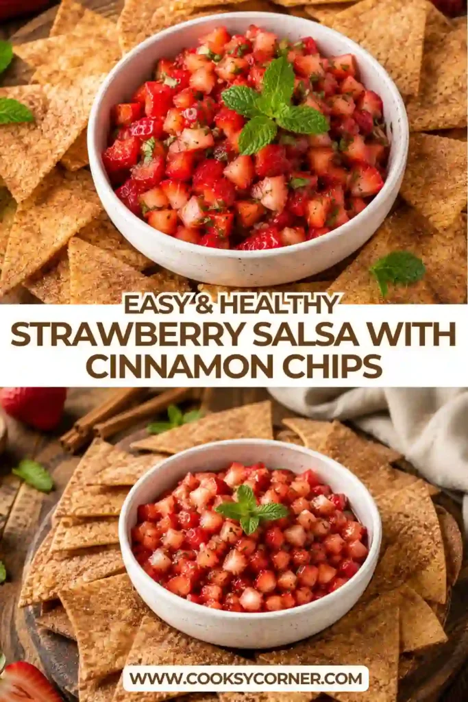 Fresh strawberry salsa served with homemade baked cinnamon tortilla chips. The colorful dessert is garnished with mint leaves and lime slices for a refreshing presentation.
