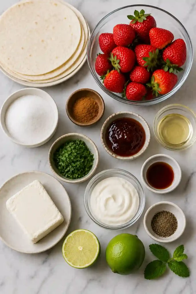 Juicy strawberry salsa with fresh mint and vanilla served alongside golden baked cinnamon chips. This easy fruit dessert is colorful, refreshing, and ideal for parties.