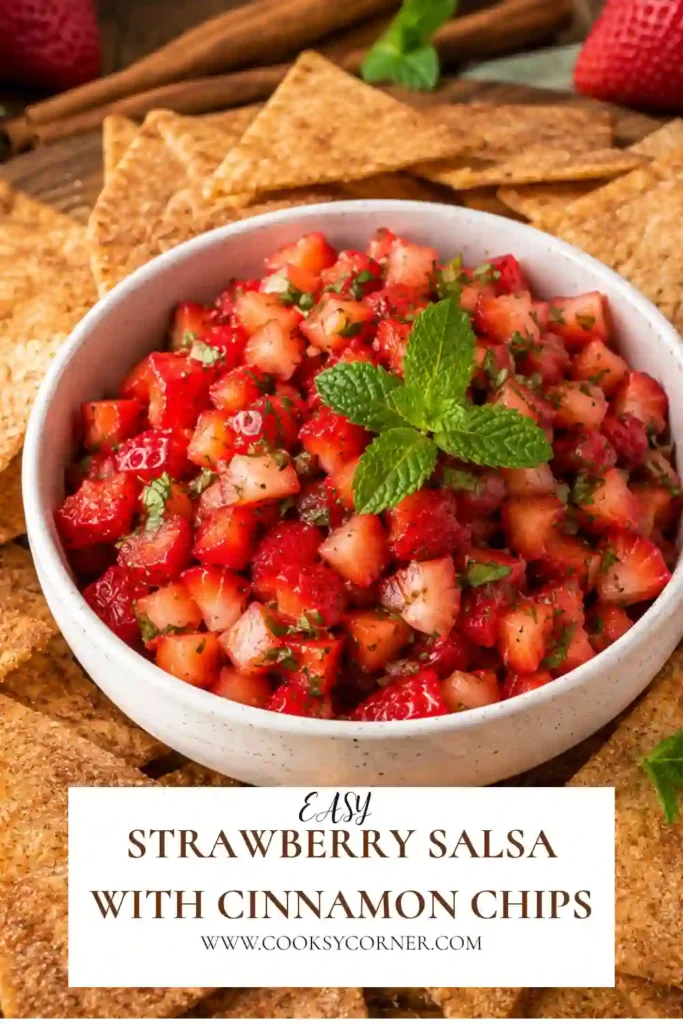 A bowl of Dessert Strawberry Salsa with Cinnamon Chips featuring diced strawberries, fresh mint, lime, and crispy cinnamon sugar tortilla chips arranged on a serving platter.