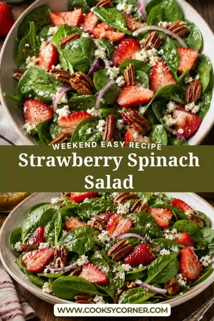 Healthy Strawberry Spinach Salad served in a white ceramic bowl with fresh strawberries, spinach leaves, pecans, feta cheese, and homemade dressing.