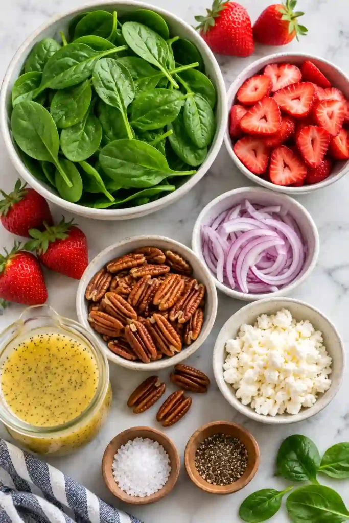 A colorful Strawberry Spinach Salad garnished with sliced strawberries, toasted pecans, crumbled feta, and poppy seed dressing on a rustic wooden table.