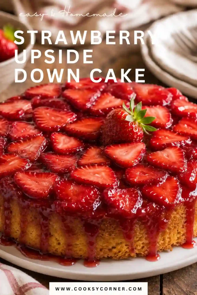 Slices of Strawberry Upside Down Cake served with fresh strawberries on the side. The cake has a tender crumb and a rich caramelized fruit topping.