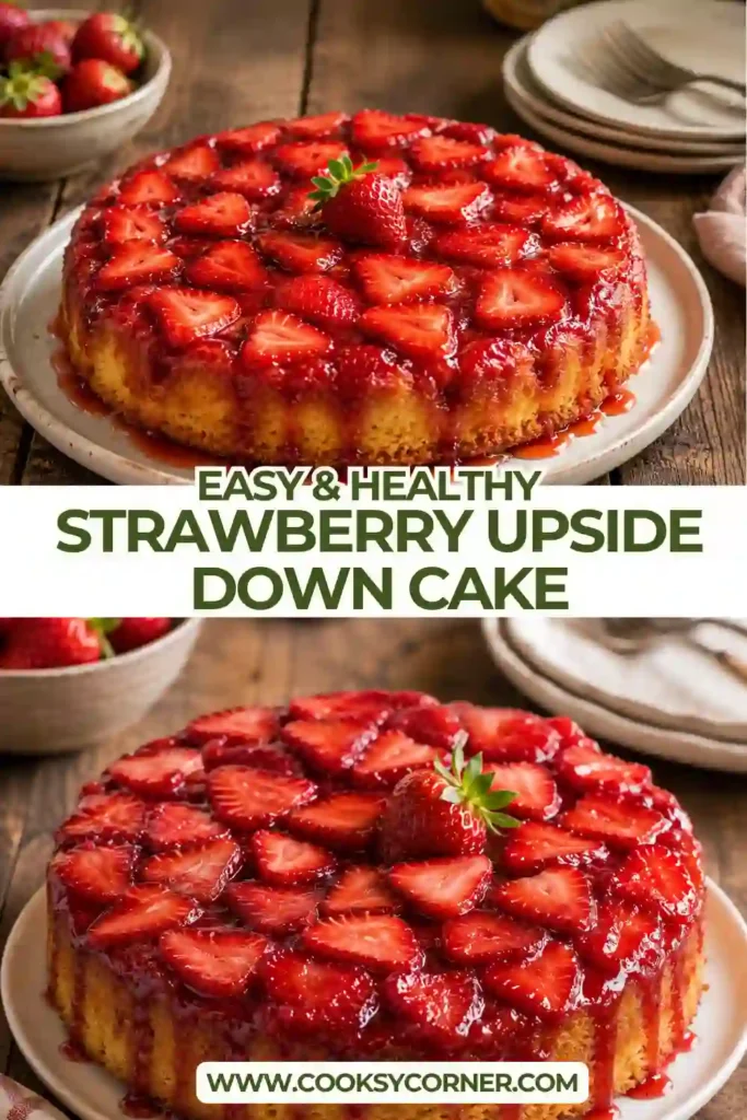 Close-up of a homemade Strawberry Upside Down Cake with fresh strawberry slices baked into a buttery topping. This easy strawberry dessert looks vibrant and inviting.