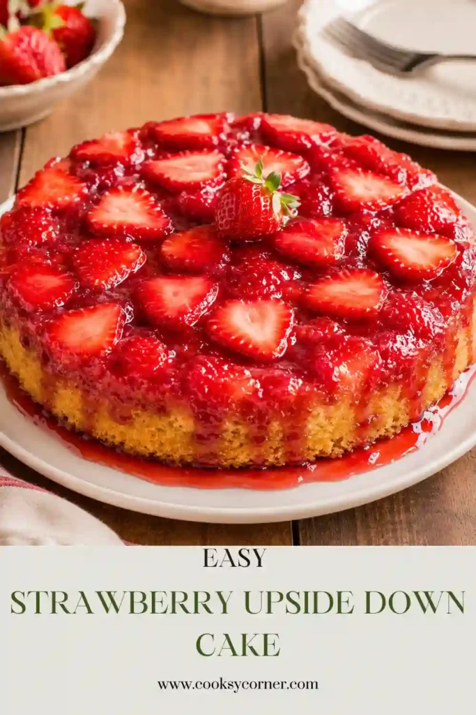 1. A freshly baked Strawberry Upside Down Cake topped with glossy caramelized strawberries on a serving plate. The moist vanilla cake is soft, golden, and perfect for dessert.