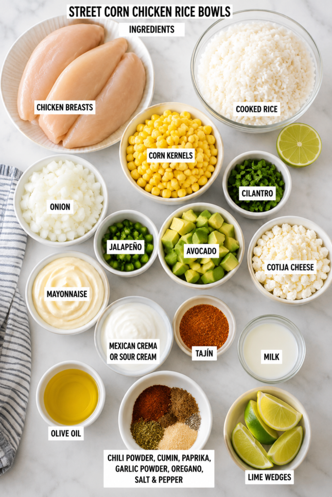 Homemade Street Corn Chicken Rice Bowls filled with seasoned chicken, creamy corn, white rice, avocado, fresh herbs, Cotija cheese, and lime for a flavorful Mexican-inspired dinner.
