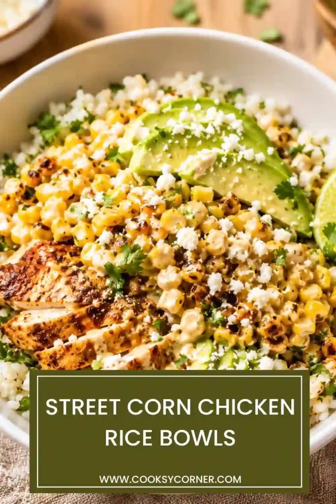 A vibrant bowl of Street Corn Chicken Rice Bowls topped with sliced chicken, creamy street corn, avocado, crumbled Cotija cheese, fresh cilantro, and a drizzle of lime sauce over fluffy rice.