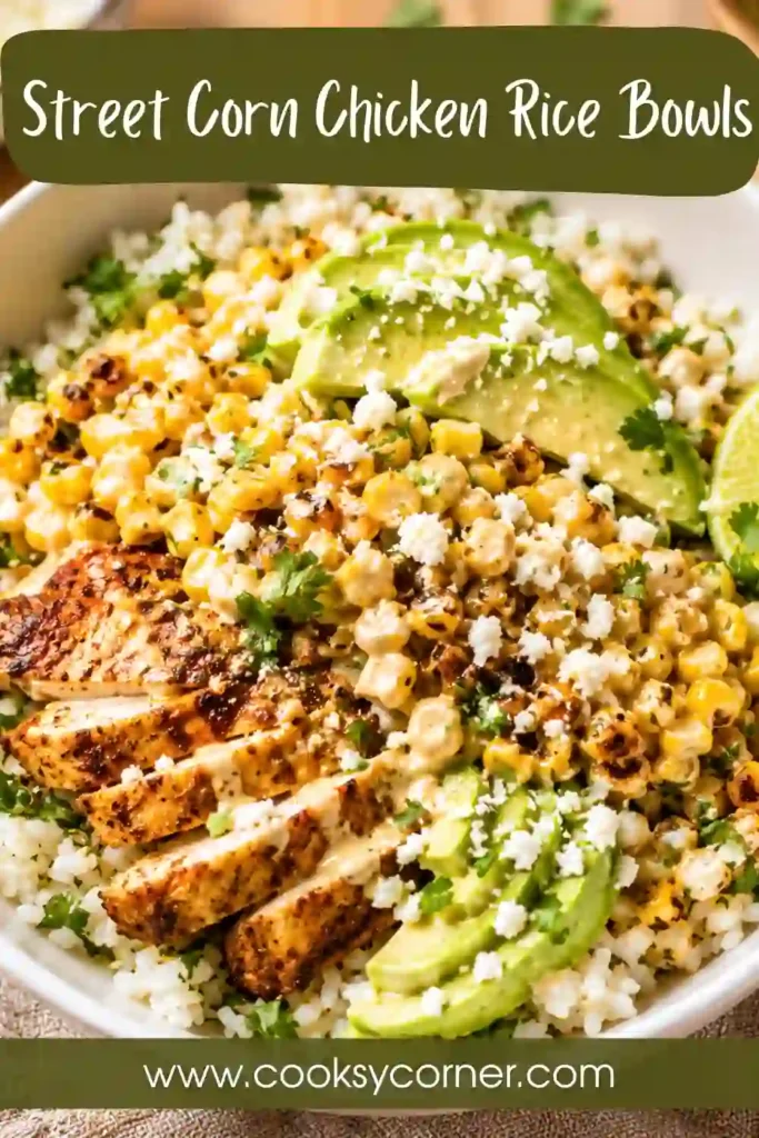 Street Corn Chicken Rice Bowls served with juicy seasoned chicken, creamy charred corn, fluffy white rice, avocado, Cotija cheese, cilantro, and fresh lime wedges. This colorful Mexican-inspired meal is perfect for dinner or meal prep.