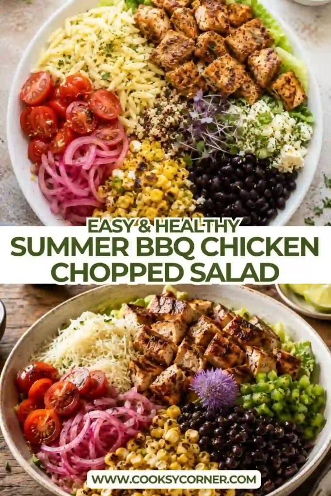A Summer BBQ Chicken Chopped Salad topped with sliced grilled BBQ chicken, sweet corn, black beans, cherry tomatoes, white cheddar cheese, pickled onions, and honey mustard vinaigrette. Fresh herbs add vibrant color and flavor.