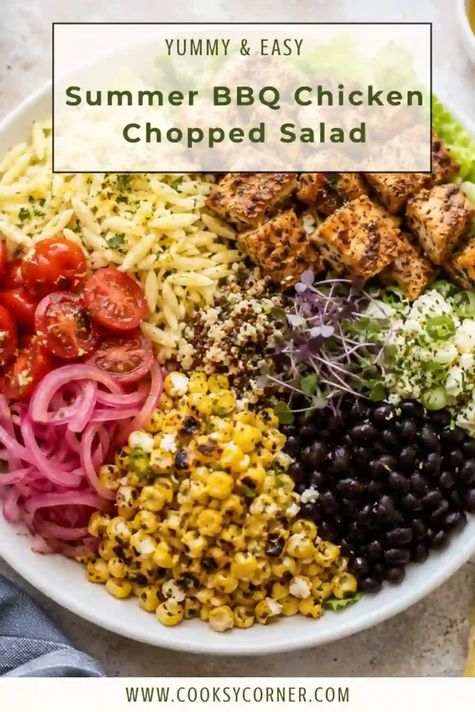 A healthy BBQ chicken salad served with grilled chicken, corn, black beans, tomatoes, cheddar cheese, and chopped lettuce. Finished with fresh herbs and homemade honey mustard dressing.