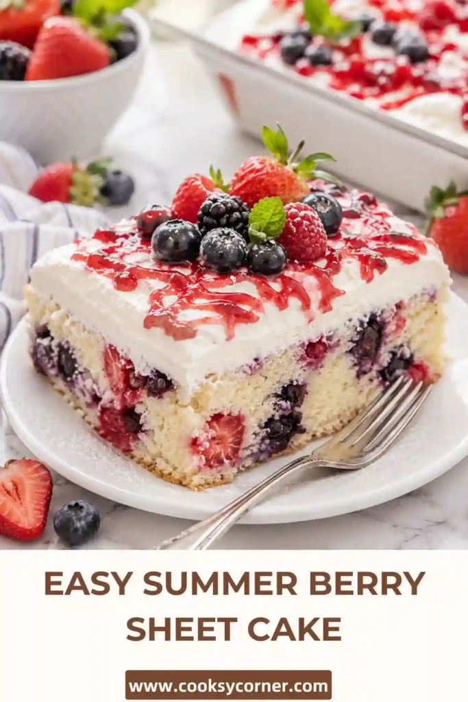Soft blueberry raspberry cake covered with creamy frosting and decorated with fresh berries. This berry sheet cake is ideal for summer entertaining.