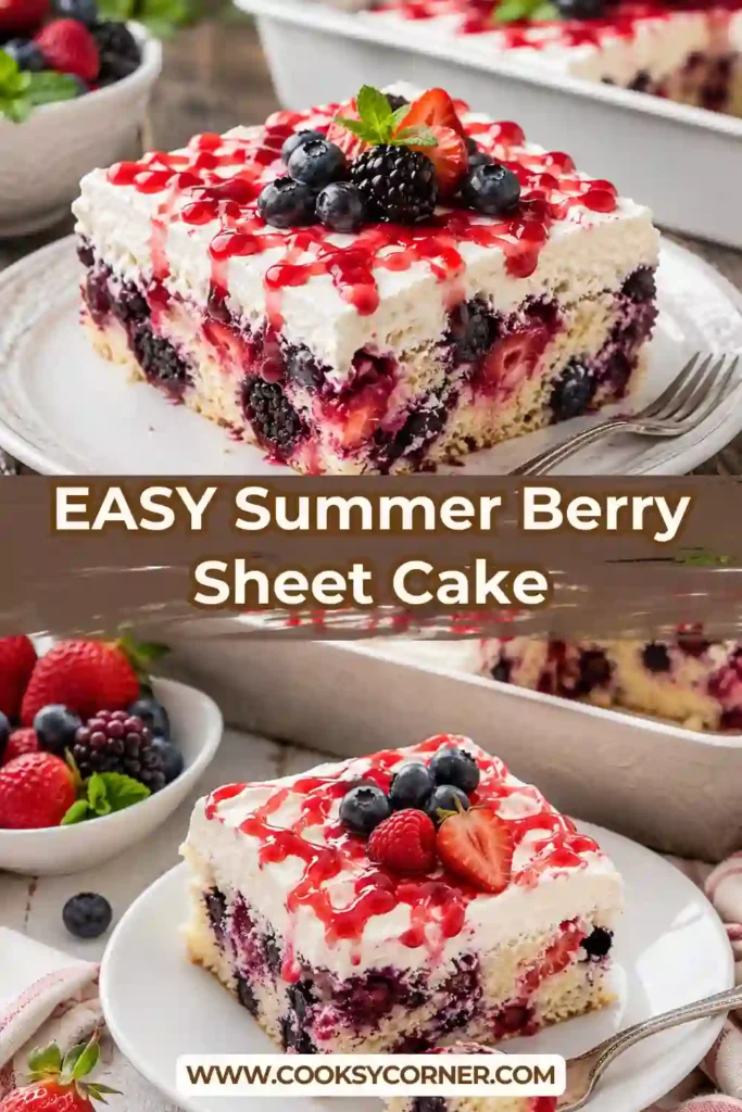 Fresh Summer Berry Sheet Cake baked in a 9×13-inch pan with whipped cream cheese frosting and colorful mixed berries. A perfect easy summer dessert.