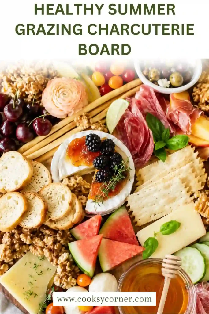 2. An elegant summer charcuterie board featuring seasonal fruit, creamy cheeses, crunchy nuts, honey, fig jam, and smoked turkey slices beautifully arranged on a wooden serving board.