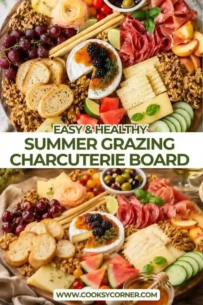 1. A colorful Summer Grazing Charcuterie Board filled with fresh peaches, watermelon, berries, artisan cheeses, crackers, mixed nuts, and halal-friendly meats. Perfect for summer entertaining and family gatherings.
