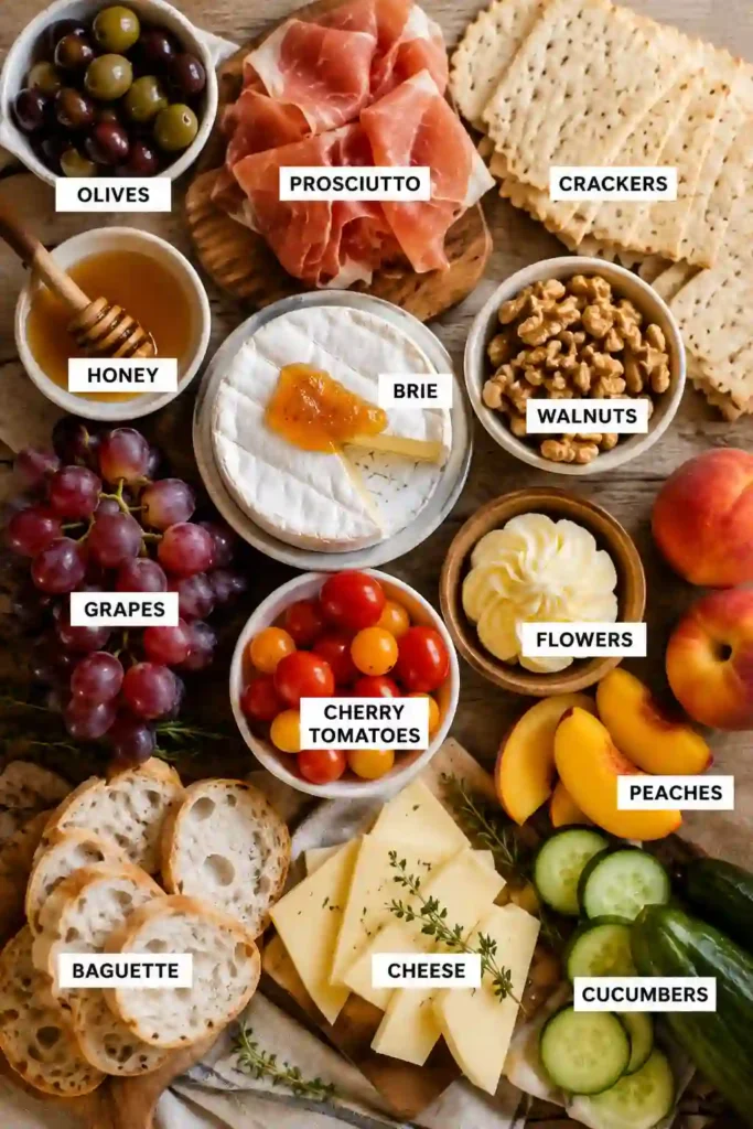 4.
A vibrant grazing board showcasing watermelon, peaches, cherries, blackberries, cheeses, breadsticks, nuts, and edible flowers for a beautiful summer appetizer.