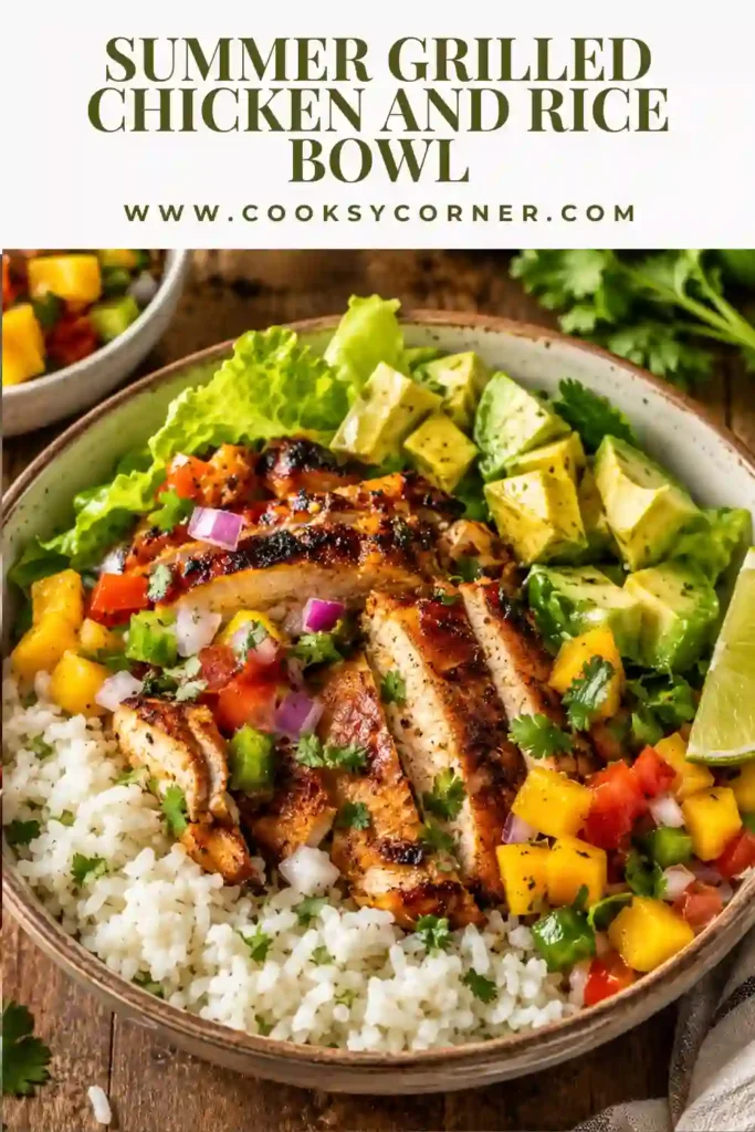 Healthy grilled chicken rice bowl topped with mango cucumber salsa, creamy avocado, and cilantro. Every ingredient adds fresh summer flavor and satisfying texture.