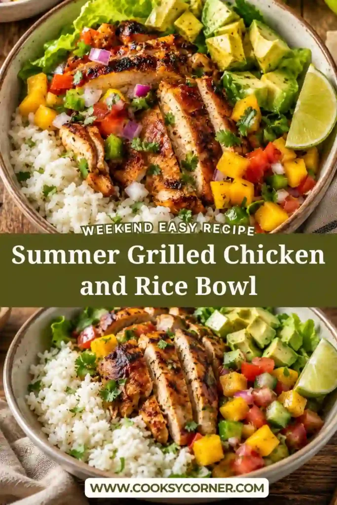 Fresh grilled chicken served over coconut rice with mango salsa, avocado, and crisp romaine lettuce in a vibrant summer rice bowl. A wholesome meal perfect for lunch or dinner.