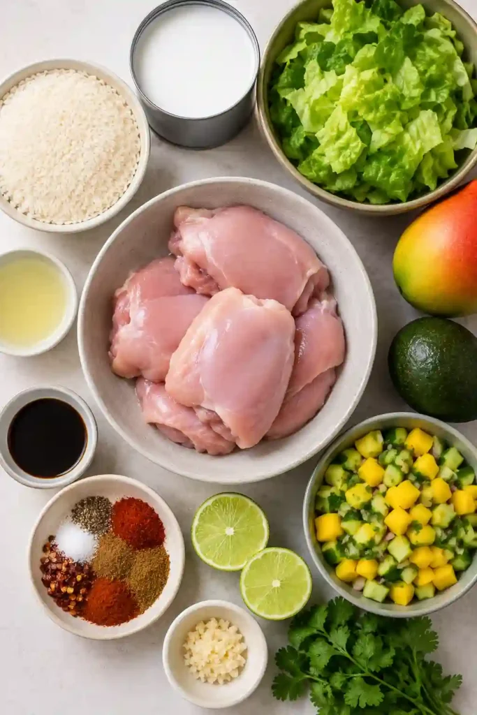 Homemade Summer Grilled Chicken and Rice Bowl featuring smoky chicken, coconut rice, fresh vegetables, and tropical mango salsa. A nutritious and colorful family meal.