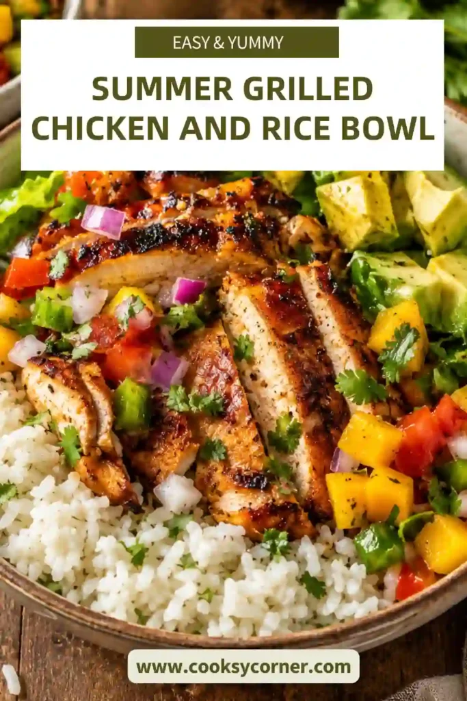 A colorful Summer Grilled Chicken and Rice Bowl filled with juicy grilled chicken, creamy coconut rice, mango cucumber salsa, romaine lettuce, and fresh avocado. This healthy summer dinner is bright, fresh, and packed with flavor.