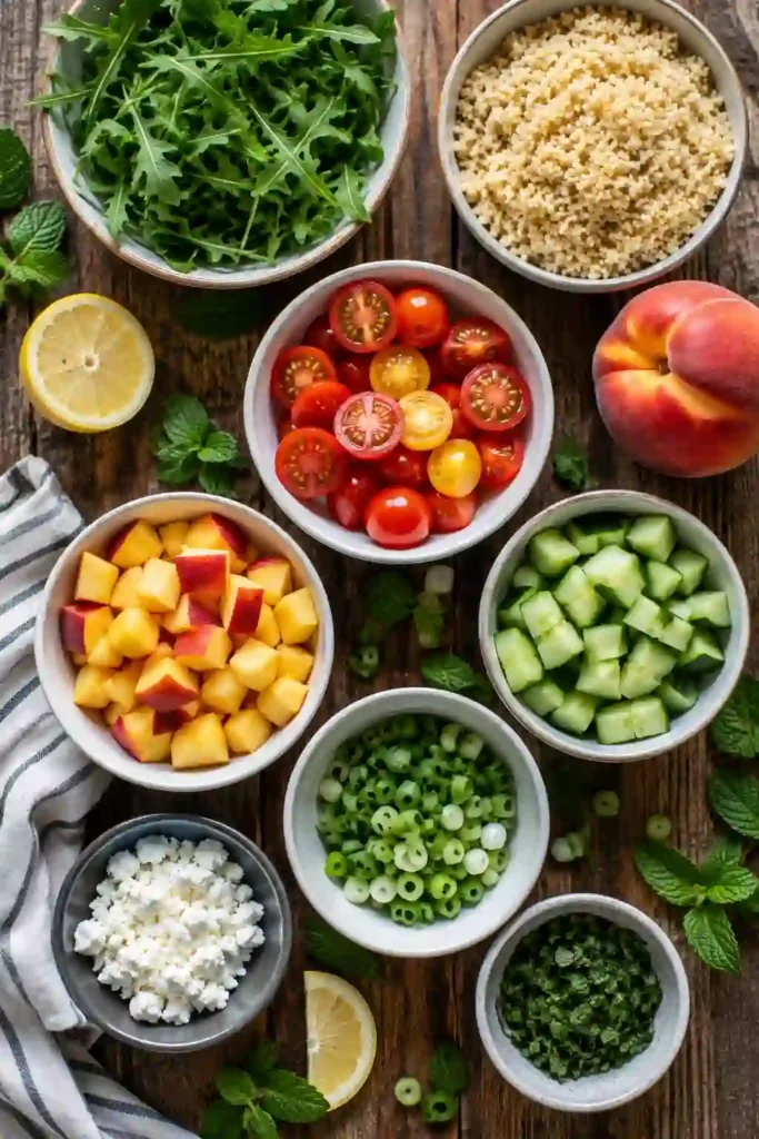 Gluten-free Summer Harvest Millet Bowl topped with peaches, avocado, corn, tomatoes, cucumber, pumpkin seeds, and homemade apple cider vinaigrette. Served in a modern white bowl.