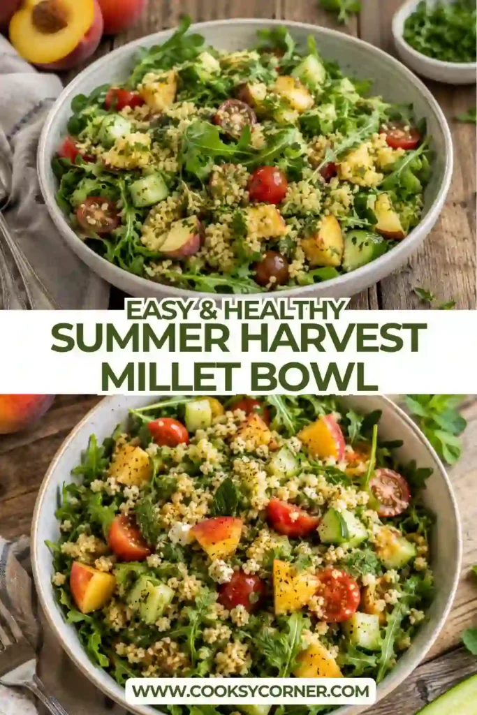 Healthy millet salad served with fresh peaches, tomatoes, cucumber, corn, avocado, leafy greens, and homemade vinaigrette in a rustic bowl. A wholesome vegetarian summer recipe.