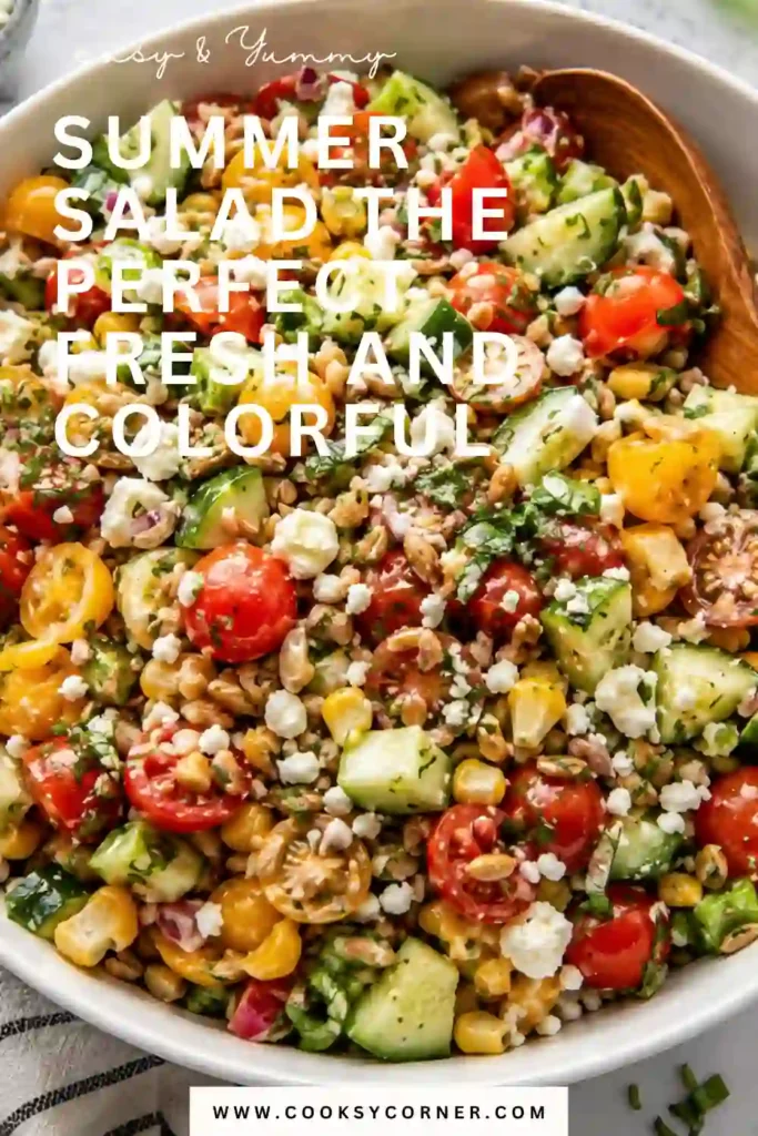 Healthy Summer Salad featuring tomatoes, cucumbers, corn, snap peas, and goat cheese with a homemade dressing. Bright colors and fresh ingredients make this salad ideal for picnics.