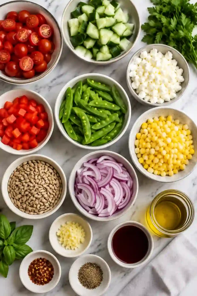 Easy Summer Salad made with seasonal vegetables, sunflower seeds, herbs, and tangy vinaigrette. A refreshing side dish for family dinners and barbecues.