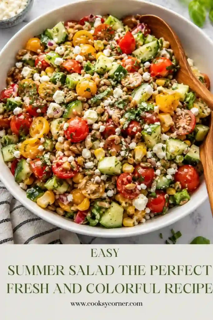 Fresh Summer Salad served in a large bowl with crisp vegetables, creamy goat cheese, and chopped herbs. This healthy vegetable salad is perfect for warm-weather meals.
