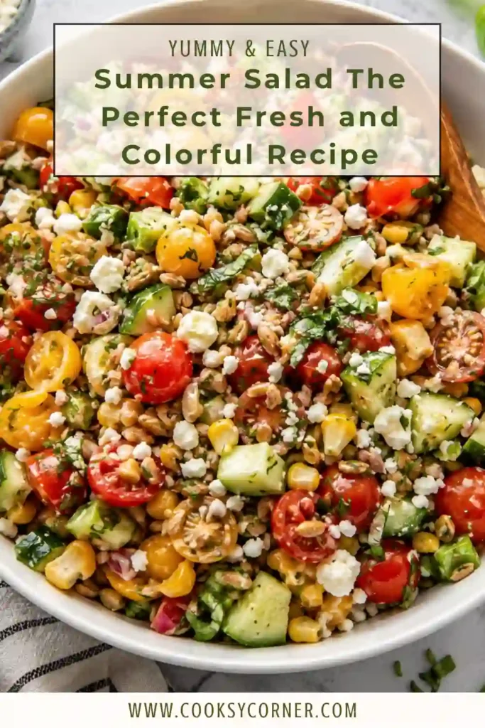 A colorful Summer Salad filled with cherry tomatoes, cucumbers, bell peppers, sweet corn, snap peas, goat cheese, and sunflower seeds. The fresh vegetables are tossed in a light homemade vinaigrette.
