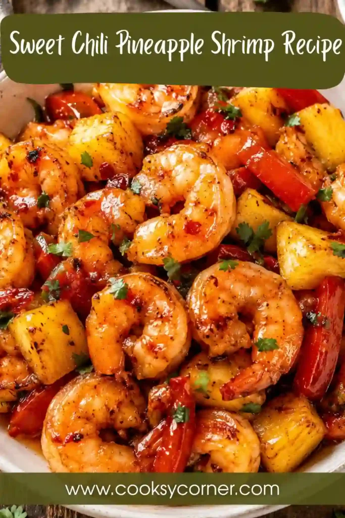 Close-up of Sweet Chili Pineapple Shrimp featuring plump shrimp, golden pineapple chunks, fresh herbs, and sesame seeds in a savory sweet sauce.
