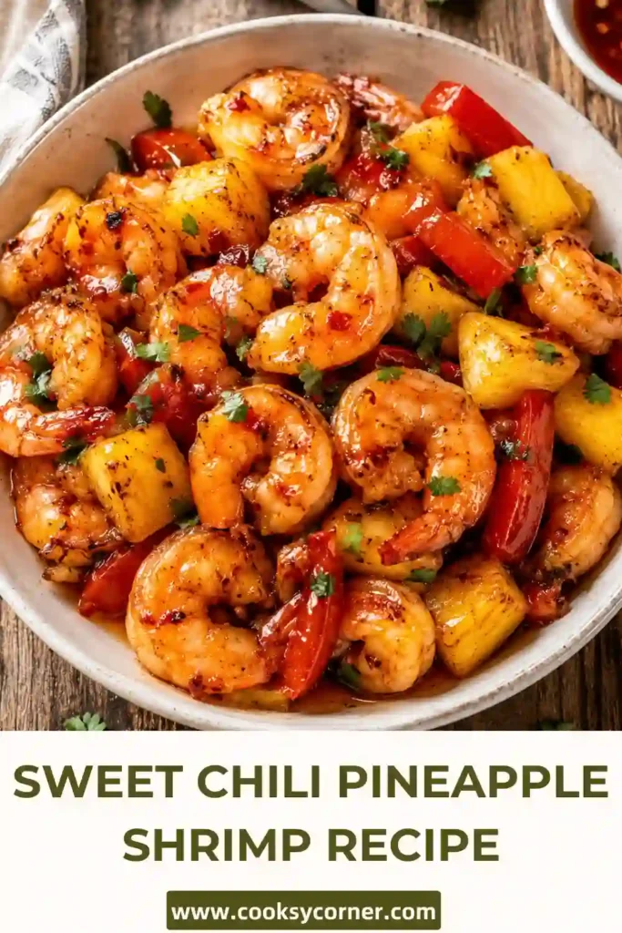 A tropical shrimp dish with sweet chili-glazed shrimp, fresh pineapple chunks, cilantro, sesame seeds, and lime wedges served in a skillet. The shrimp are perfectly cooked and glossy.