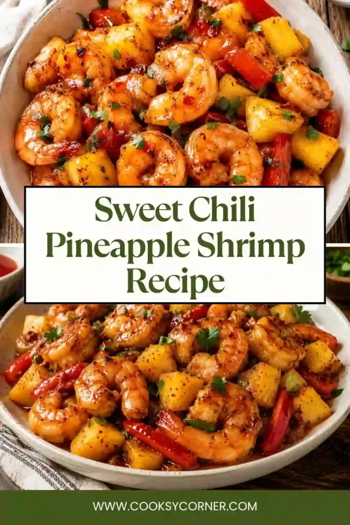 A skillet filled with Sweet Chili Pineapple Shrimp featuring juicy shrimp, caramelized pineapple chunks, fresh cilantro, and a glossy sweet chili sauce. Lime wedges add a fresh finishing touch.