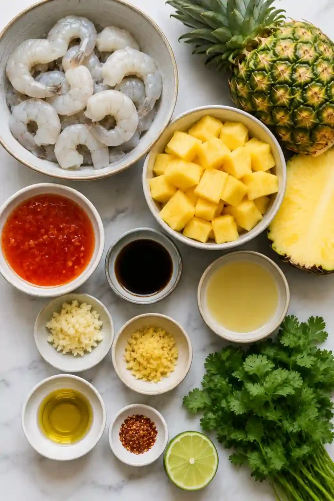 Homemade Sweet Chili Pineapple Shrimp served over steamed rice with fresh pineapple, cilantro, sesame seeds, and lime wedges. The glossy shrimp are coated in a rich sweet chili sauce.