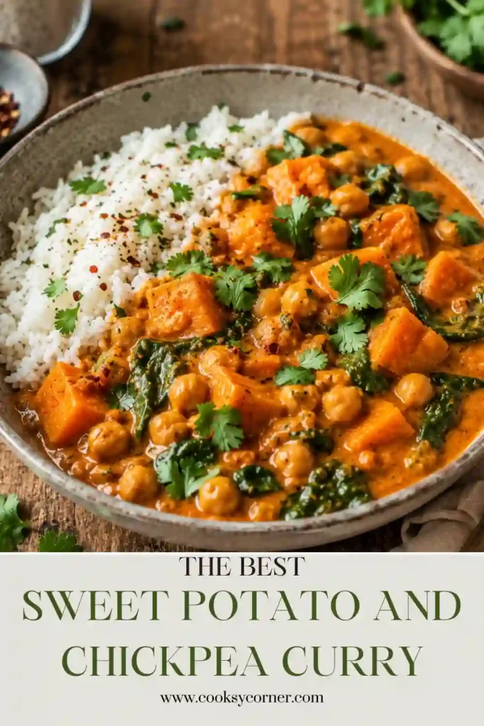 Creamy Sweet Potato and Chickpea Curry made with coconut milk and aromatic spices. The vegan curry is served warm with rice and fresh herbs.