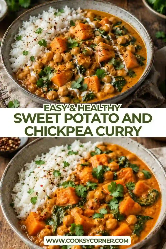 Homemade Sweet Potato and Chickpea Curry served in a rustic bowl with chopped cilantro. This healthy coconut chickpea curry is colorful, hearty, and comforting.