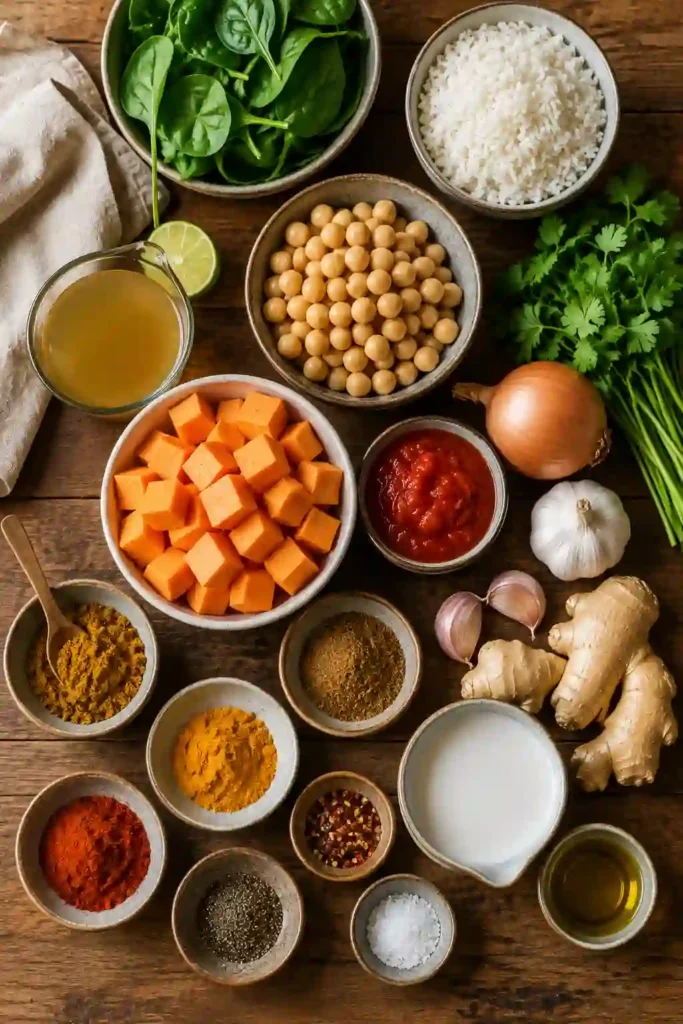 Easy Sweet Potato and Chickpea Curry topped with fresh cilantro. This nourishing one-pot curry contains tender sweet potatoes, chickpeas, and creamy coconut sauce.