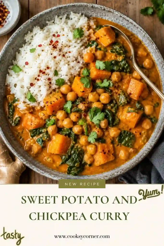 A bowl of creamy Sweet Potato and Chickpea Curry garnished with fresh cilantro. Tender sweet potatoes and chickpeas are coated in a rich coconut curry sauce.