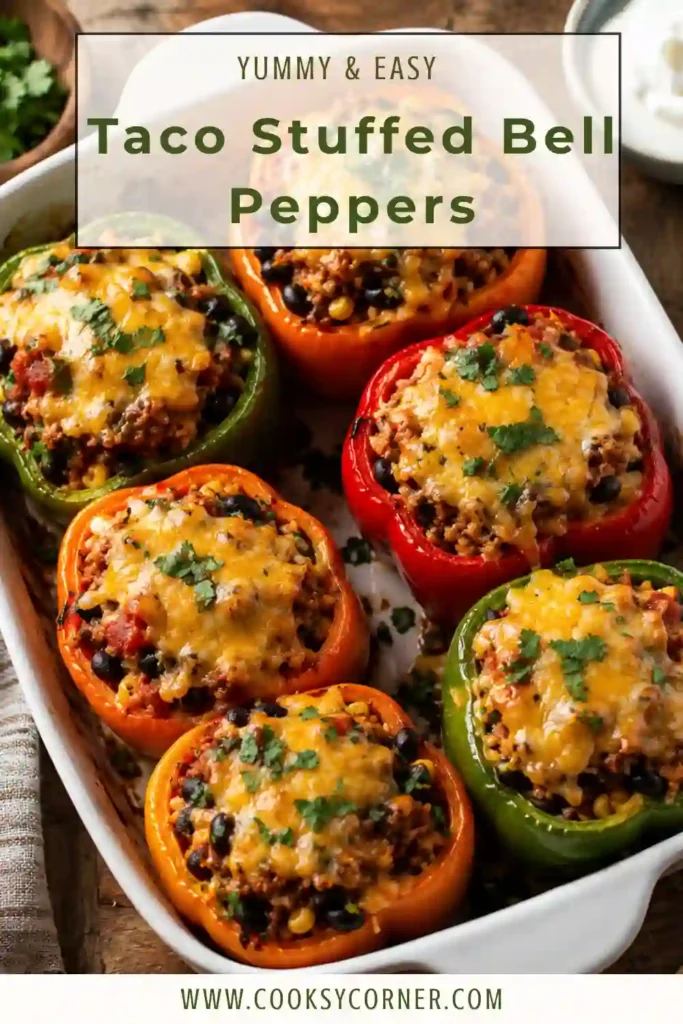 Freshly baked Taco Stuffed Bell Peppers served in a casserole dish with golden melted cheese and chopped cilantro.