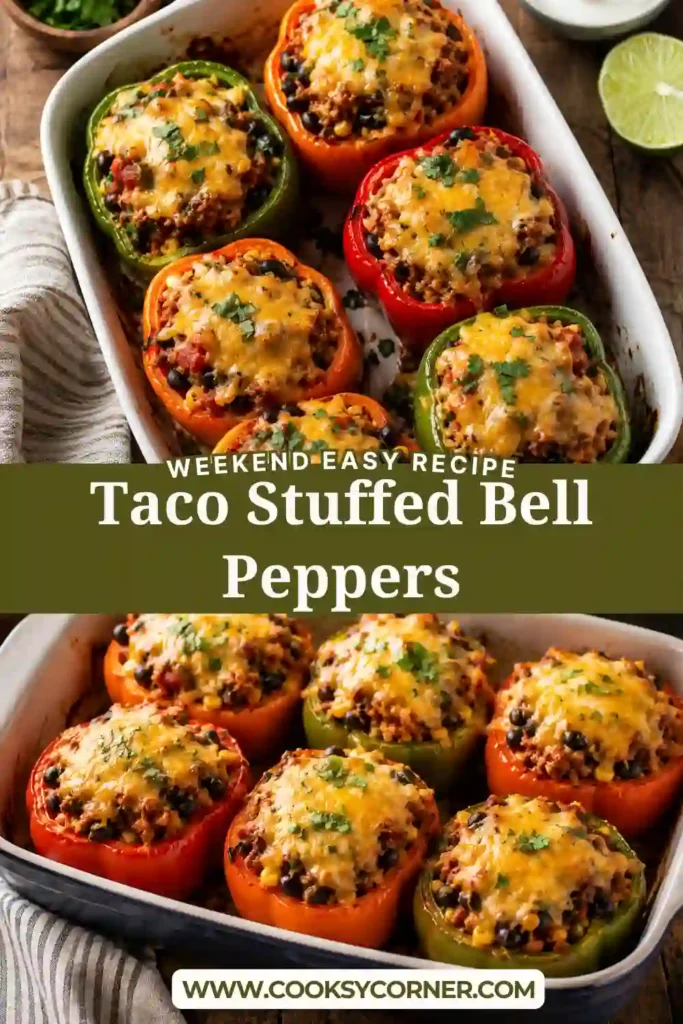 Colorful stuffed bell peppers topped with melted cheese and filled with a flavorful taco-inspired turkey mixture.