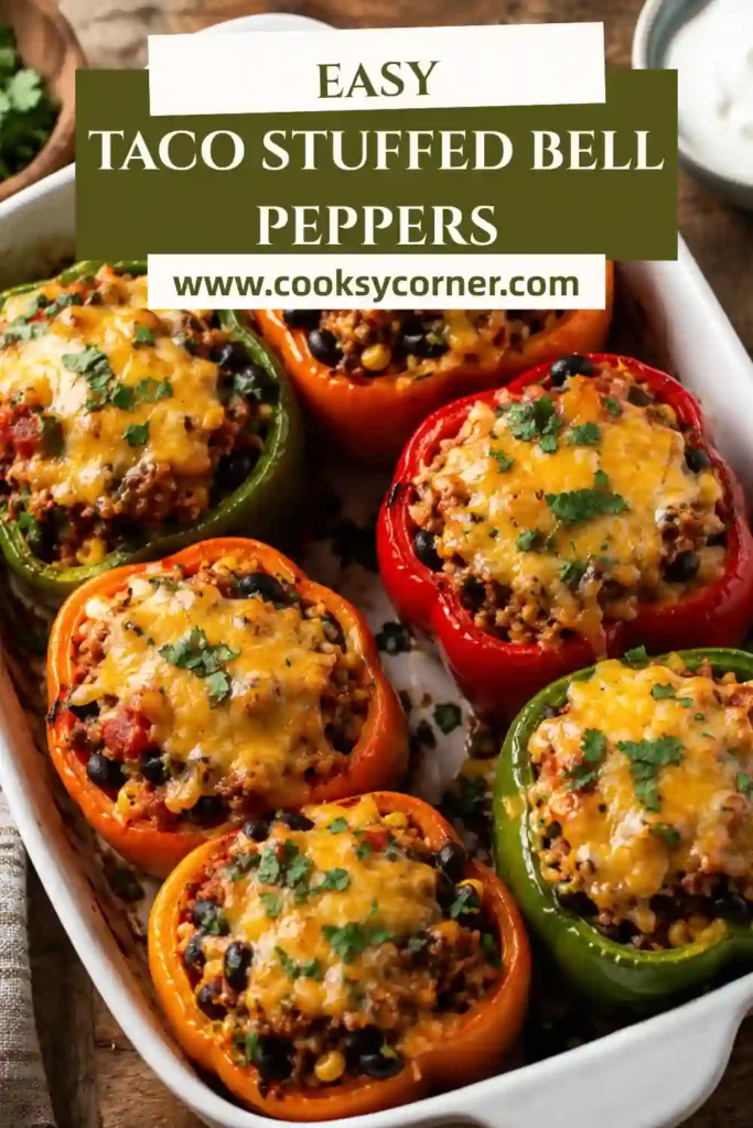 Baked Taco Stuffed Bell Peppers filled with seasoned ground turkey, black beans, salsa, and melted Mexican cheese, garnished with fresh cilantro.