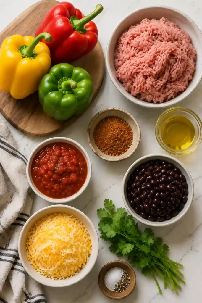 Healthy Taco Stuffed Bell Peppers featuring roasted peppers, lean turkey, black beans, and Tex-Mex seasonings.