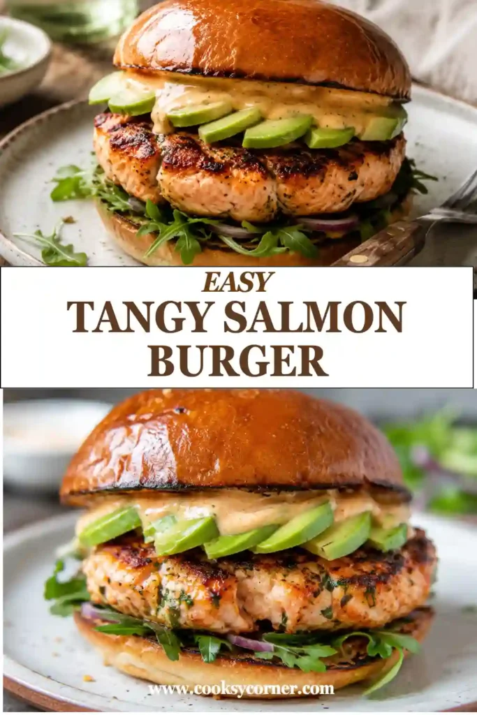 Close-up of a grilled Tangy Salmon Burger with flaky salmon, fresh vegetables, and a lightly toasted bun. A flavorful homemade salmon burger recipe.