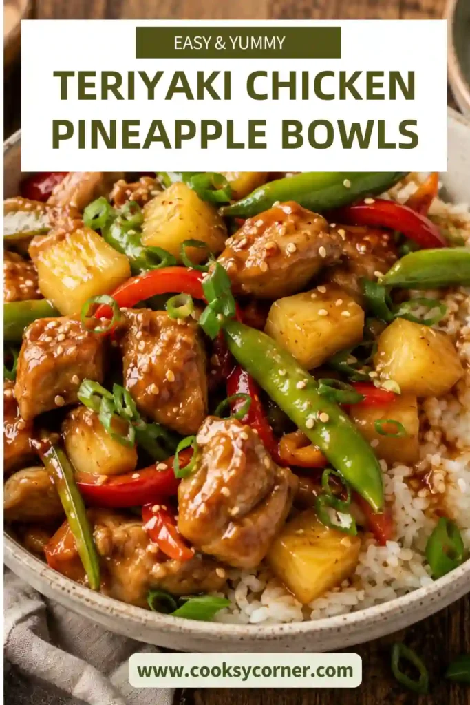 Close-up of Teriyaki Chicken Pineapple Bowls featuring crispy chicken coated in glossy pineapple teriyaki sauce with colorful vegetables and rice.