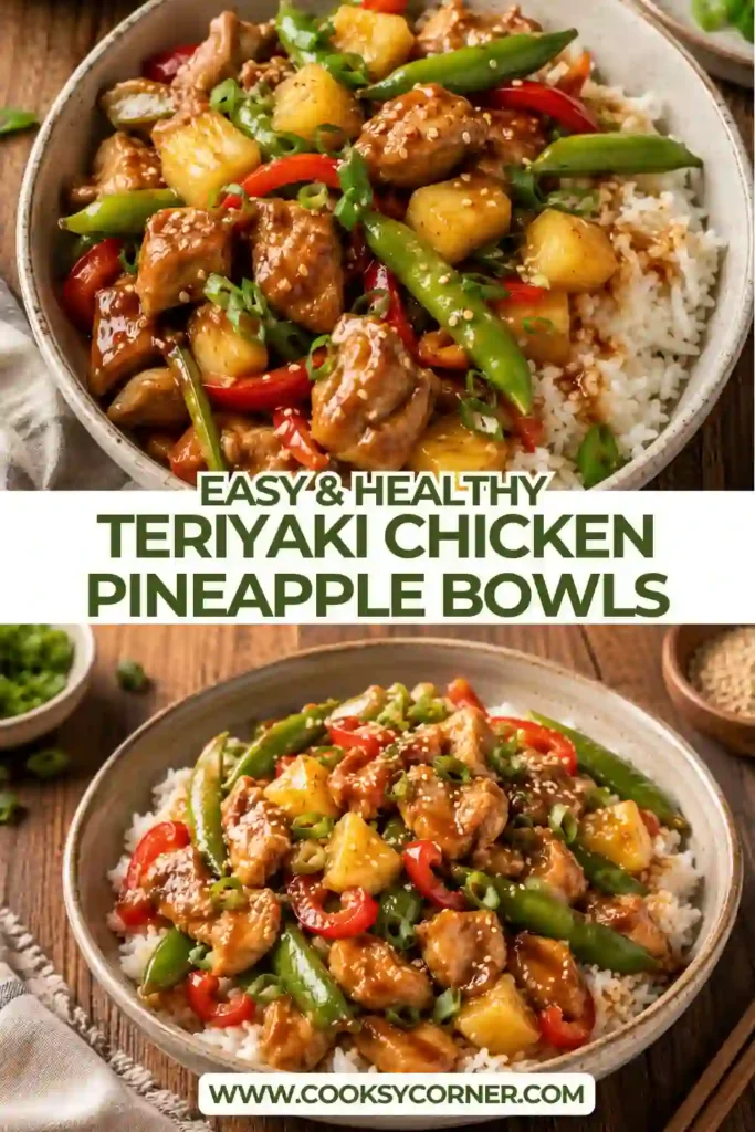 Homemade Teriyaki Chicken Pineapple Bowls served with juicy pineapple, sautéed vegetables, and tender chicken over rice. This healthy chicken bowl is vibrant and full of flavor.