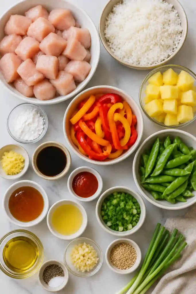 Fresh Teriyaki Chicken Pineapple Bowls topped with sesame seeds and green onions. This easy chicken rice bowl is perfect for healthy lunches and weeknight dinners.